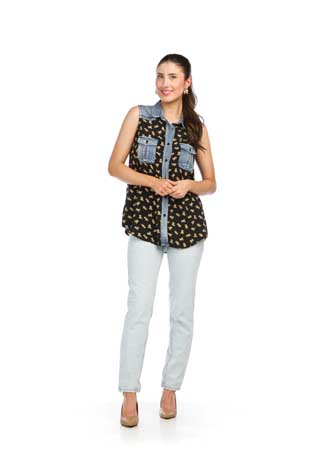 PT-16142 - TEDDY BEAR DENIM TRIM TOP WITH POCKETS - Colors: AS SHOWN - Available Sizes:XS-XXL - Catalog Page:45 
